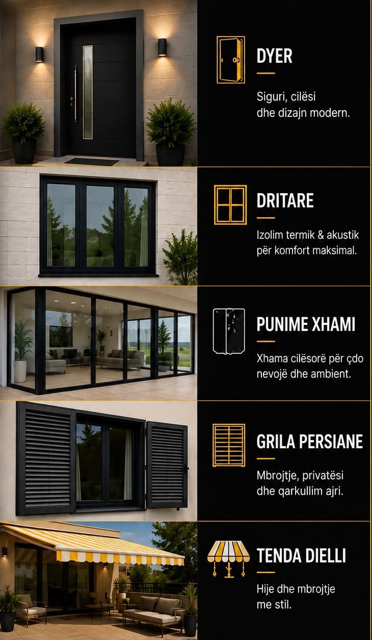 Pesë shërbimet e HOME SOLUTION: dyer, dritare, punime xhami, grila persiane dhe tenda dielli